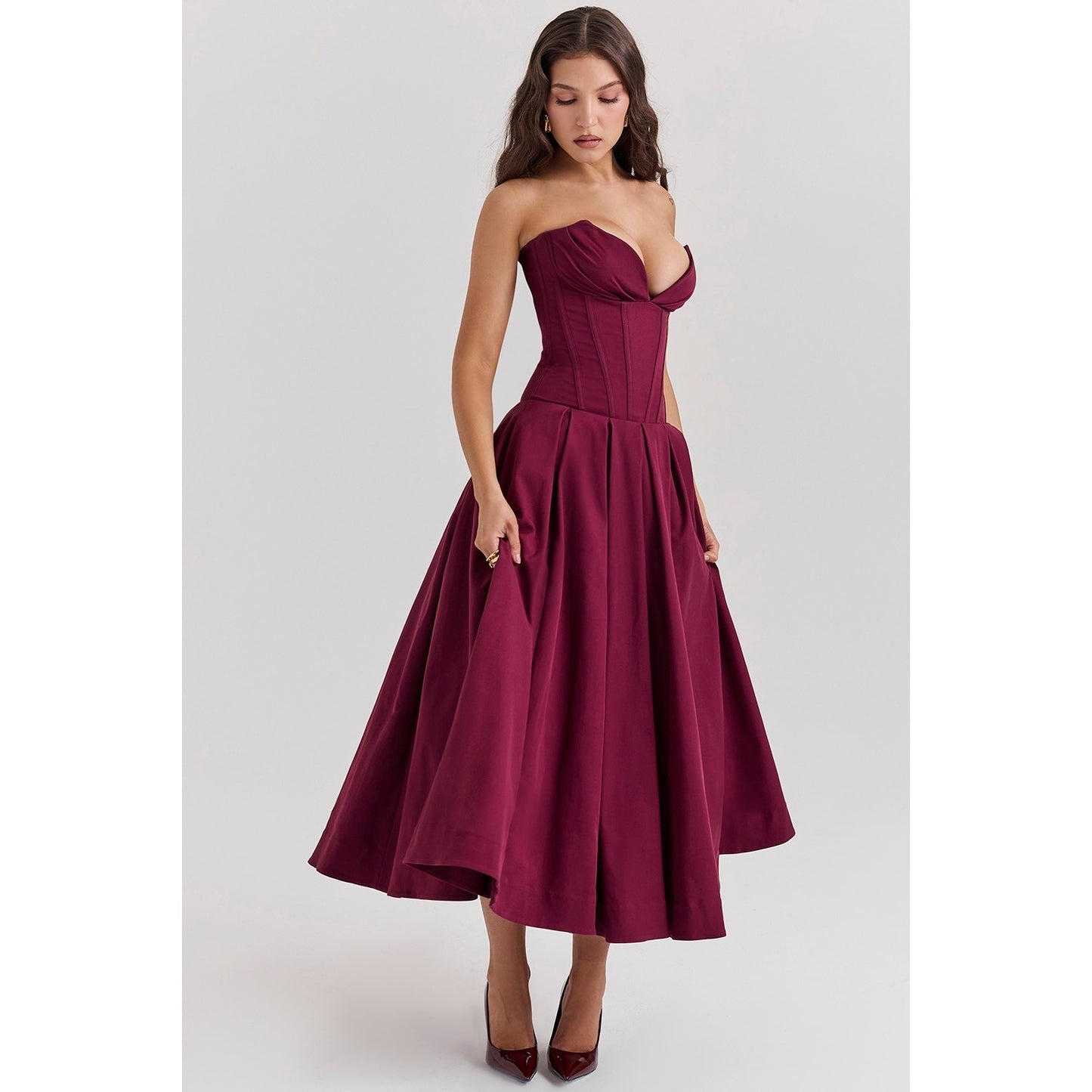 House of CB Lady Wine Strapless Midi Dress