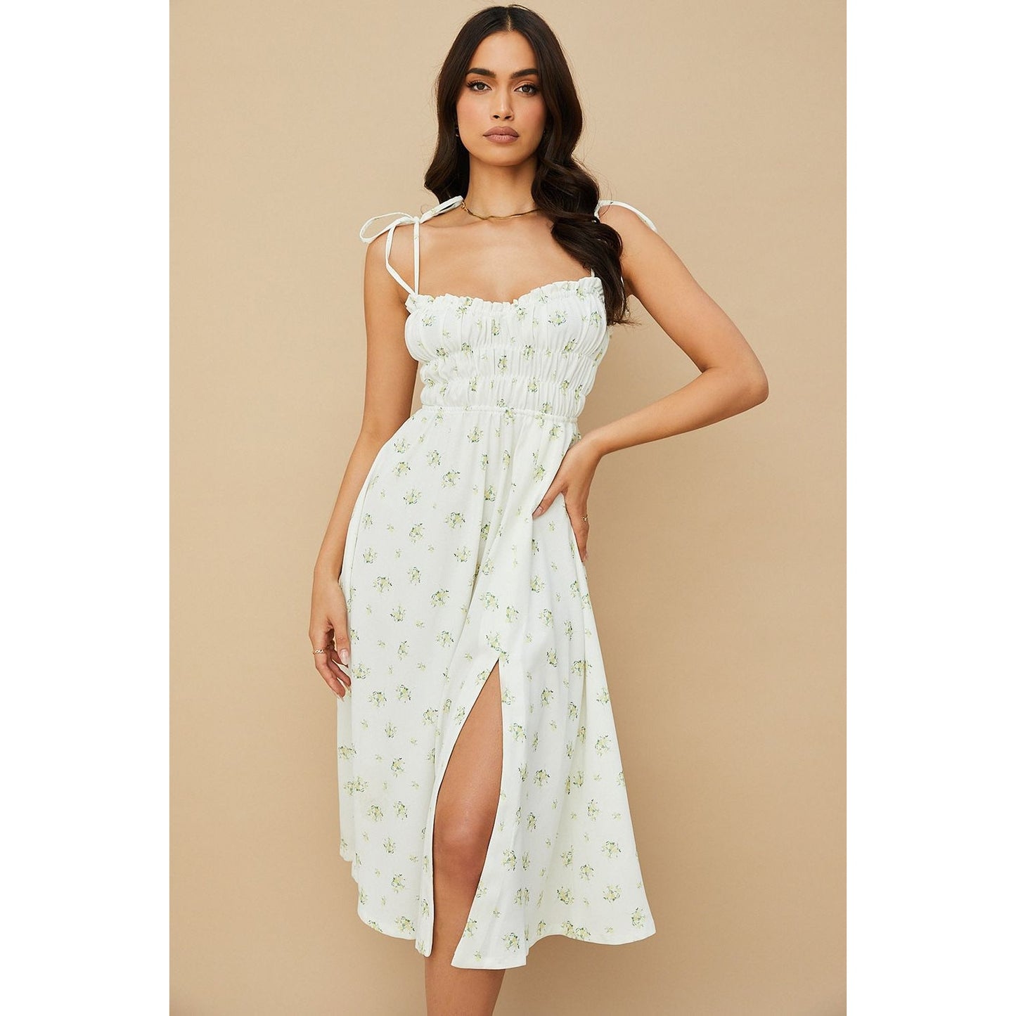 House of CB CHRISTABEL Ivory Floral Shirred Midi Dress