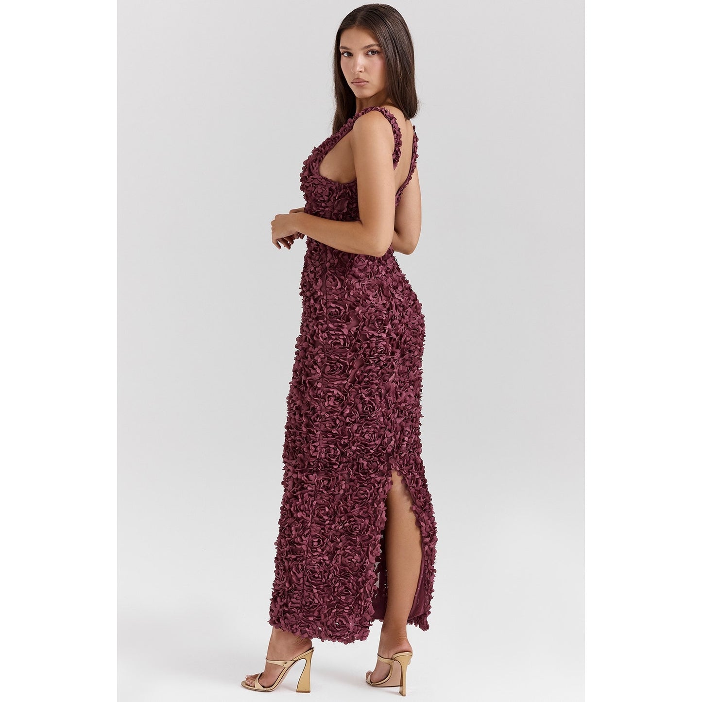 House of CB Carena Merlot Plunge Applique Maxi Dress