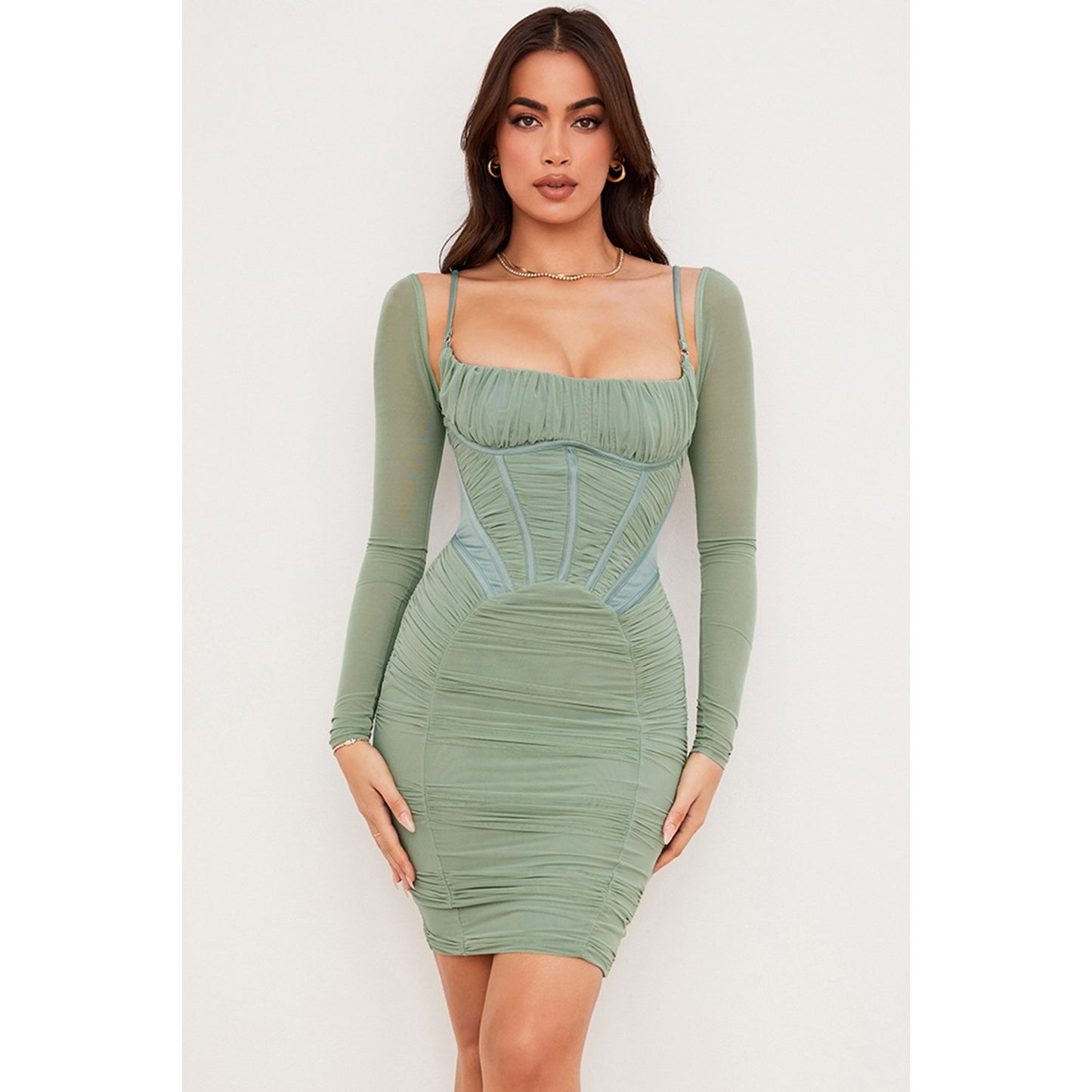 House of CB Freyja green gathered corset dress