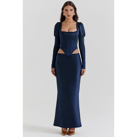 House of CB Charlene Navy Satin Cut Maxi Skirt
