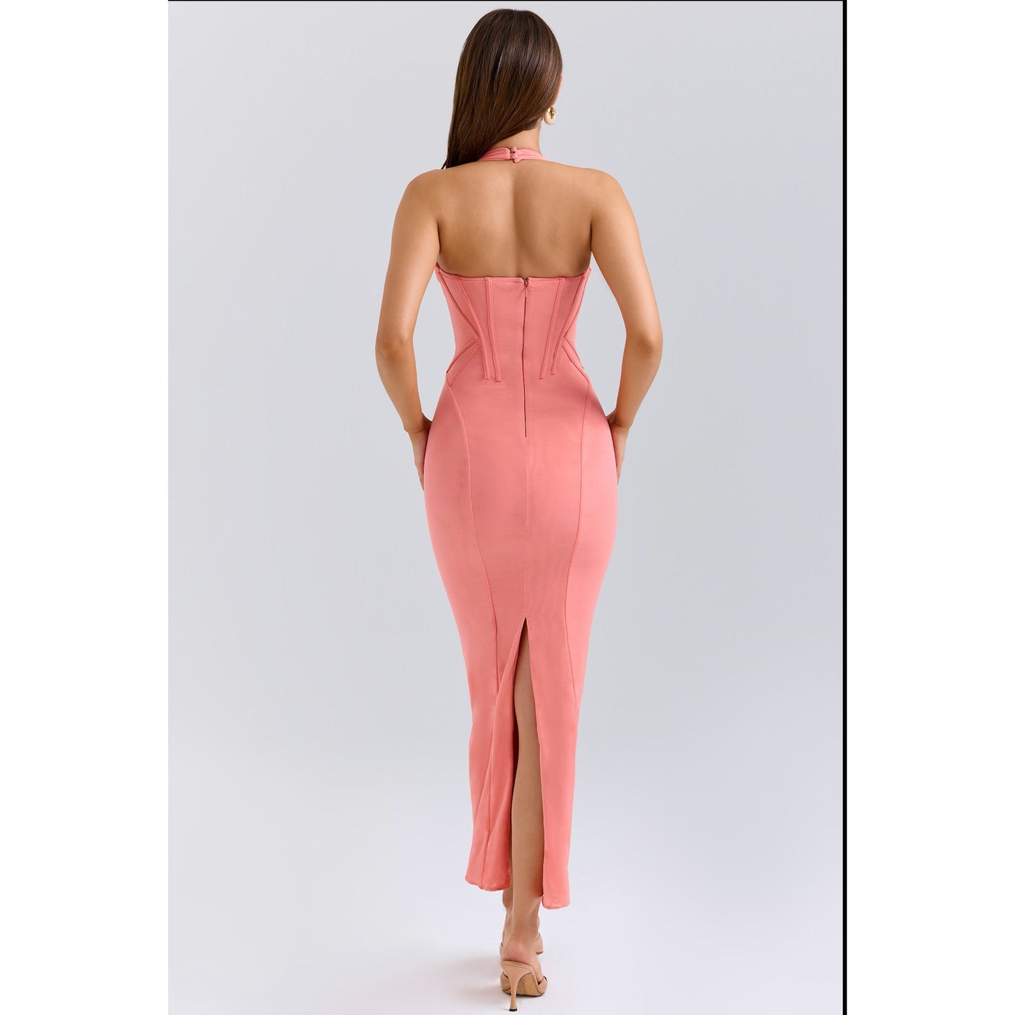 House of CB Lusilla coral stretch mesh halter neck midi dress