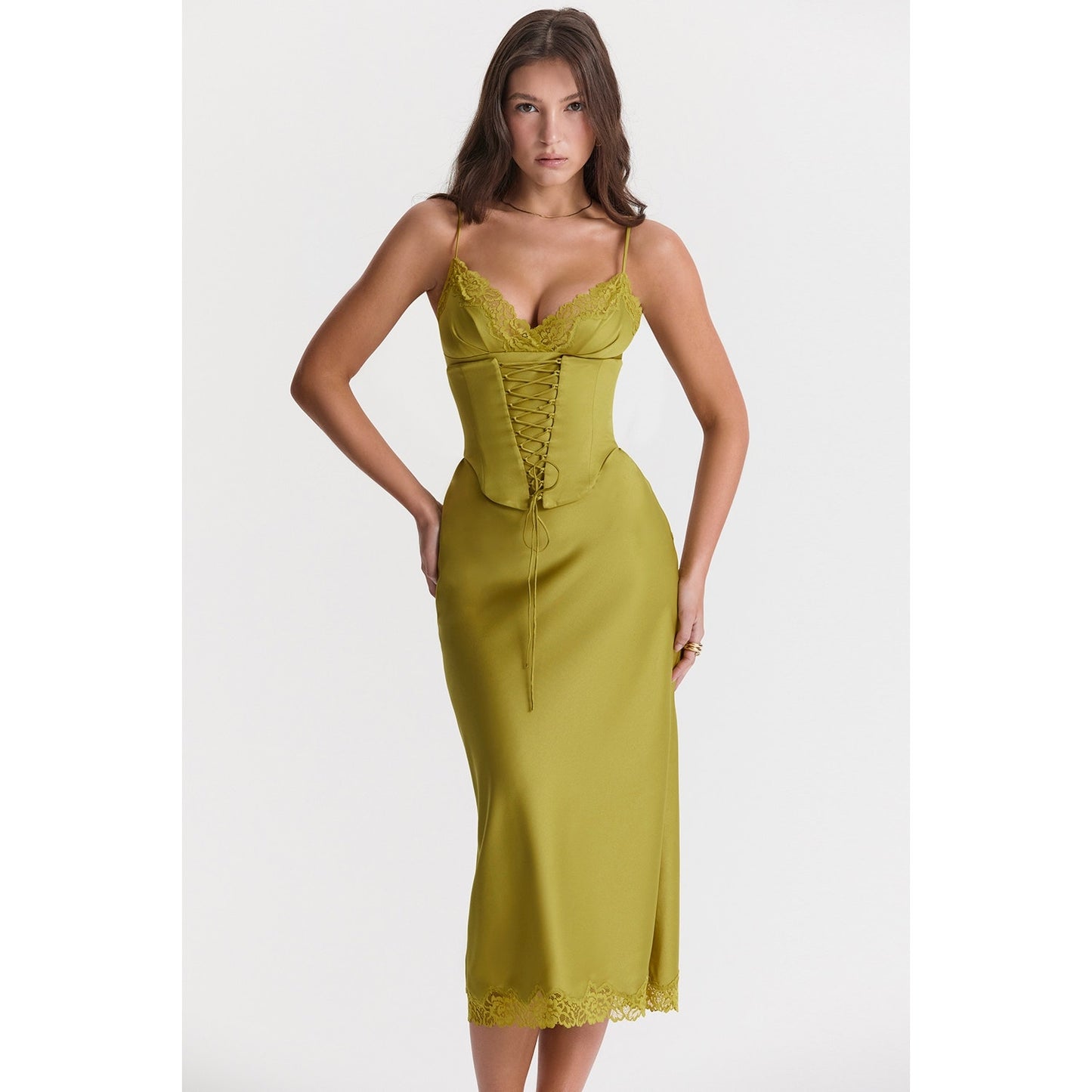 House of CB Salma Chartreuse Satin Slip Dress