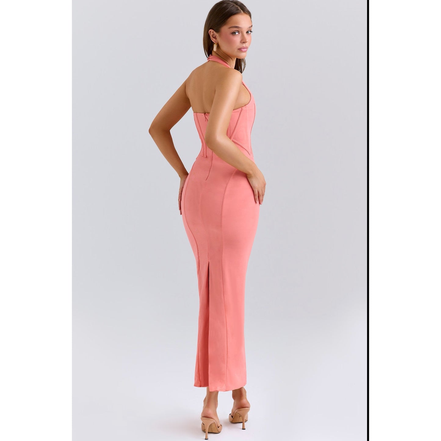 House of CB Lusilla coral stretch mesh halter neck midi dress