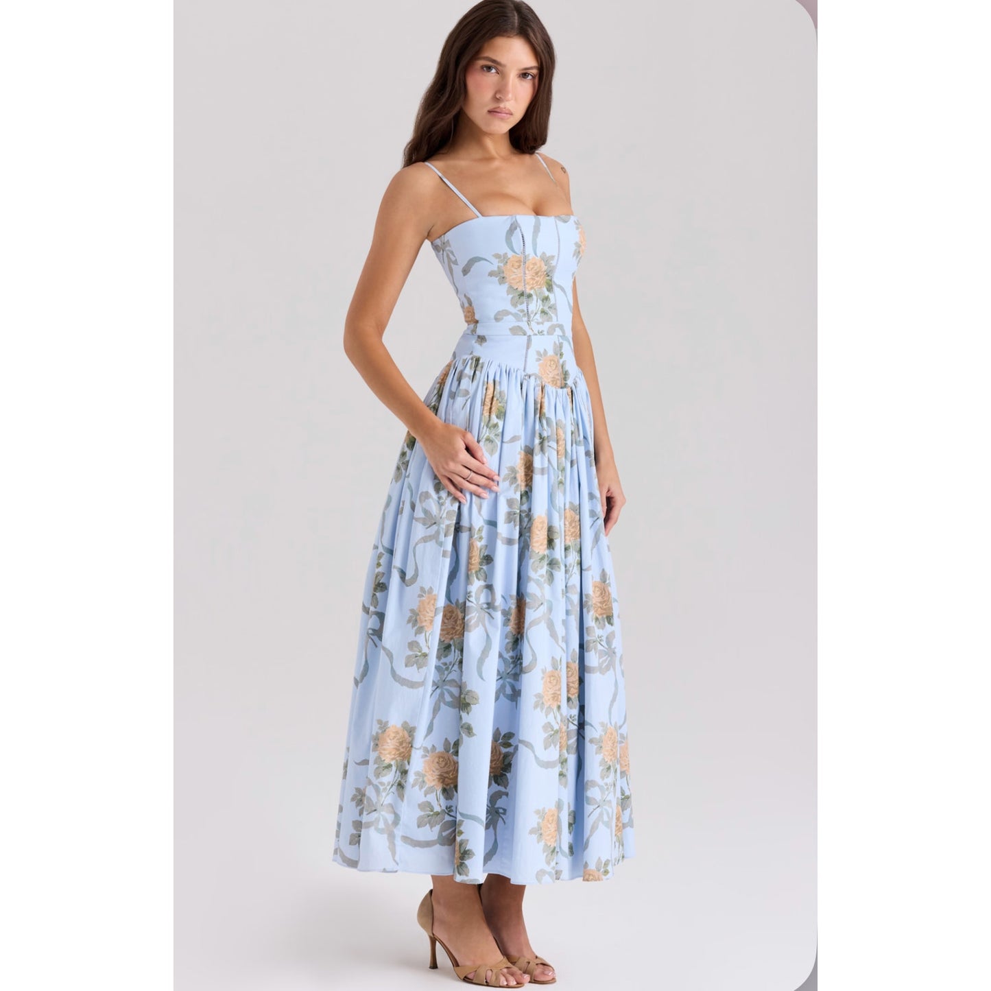 House of CB Ysabella Blue Vintage Rose Print Cotton Dress