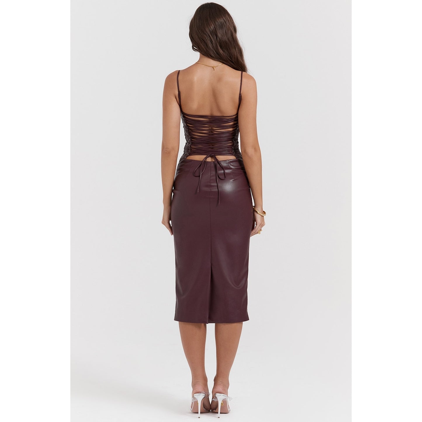 House of CB Jalena Mulberry Vegan Leather Lace Back Dress