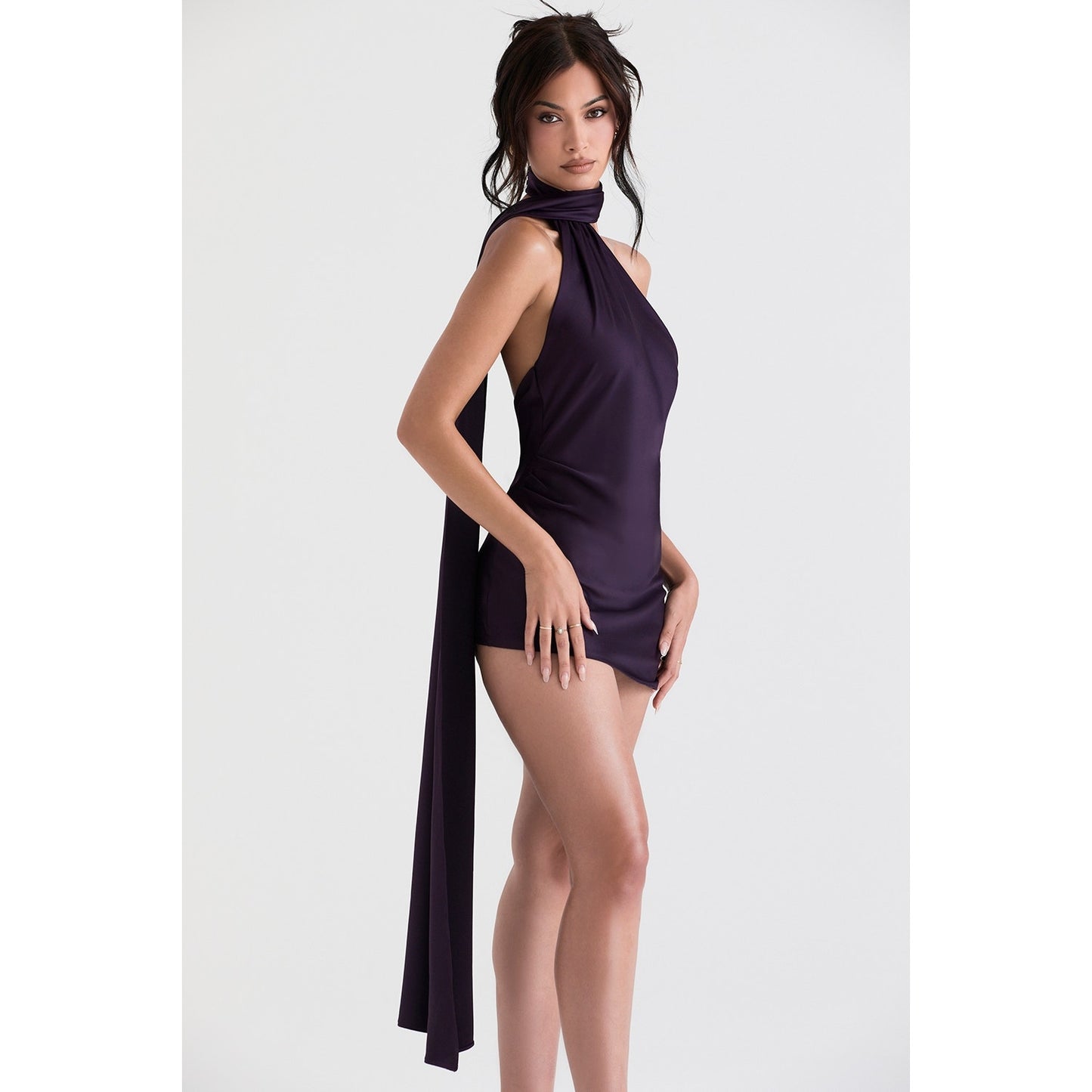 House of CB Aida night shade asymmetric wrap neck dress