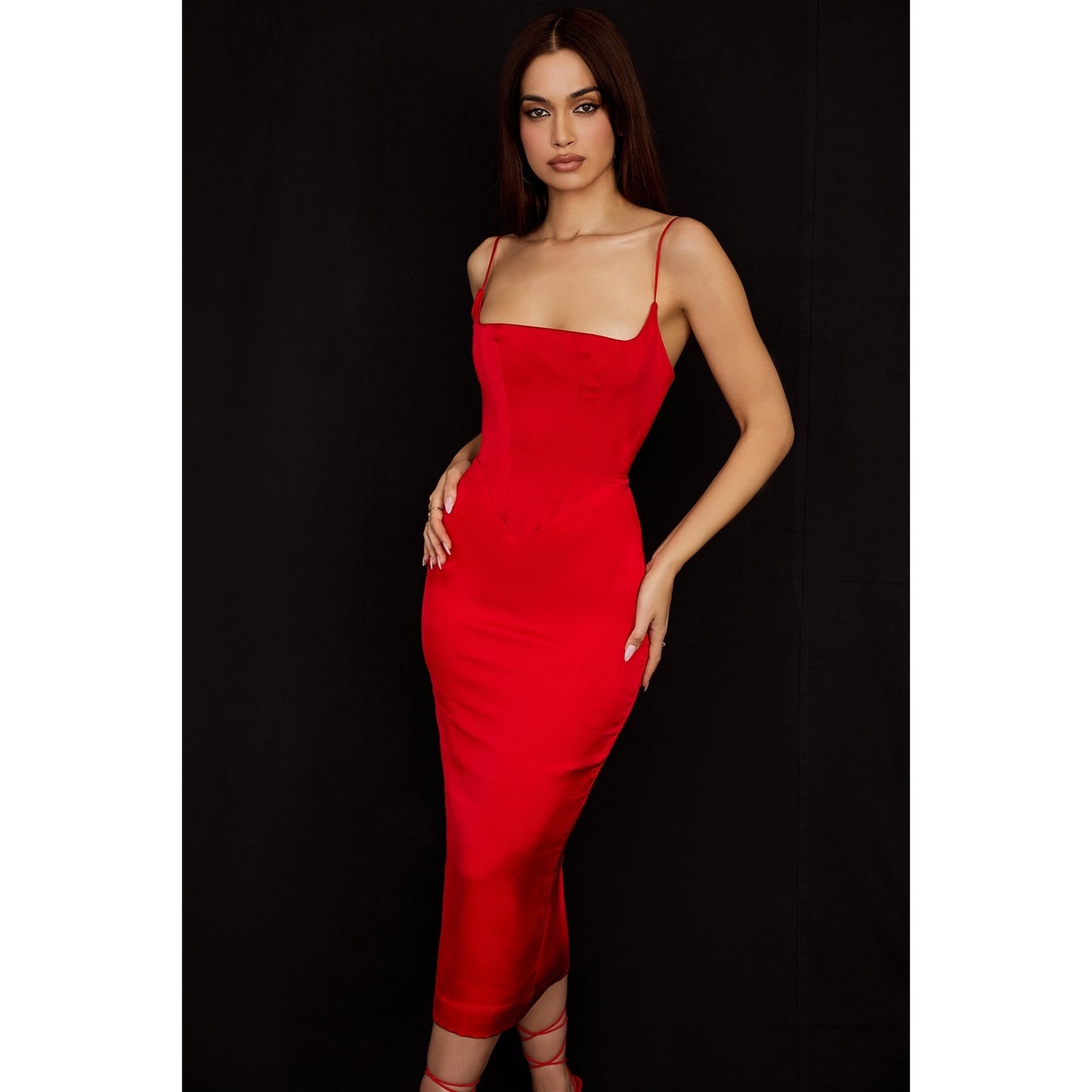 House of CB Anais scarlet satin corset midi dress