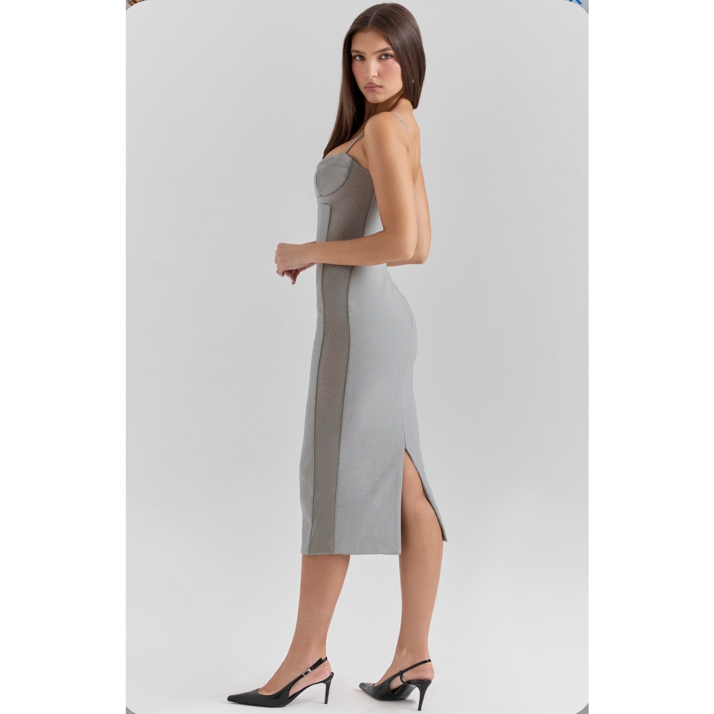 House of CB Kiki Light Grey Mesh Bodycon Midi Dress
