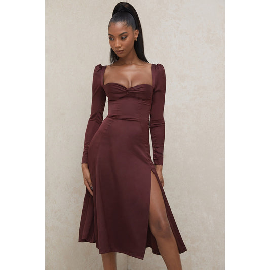 House of CB Arlinda raisin satin puff sleeve midi dress