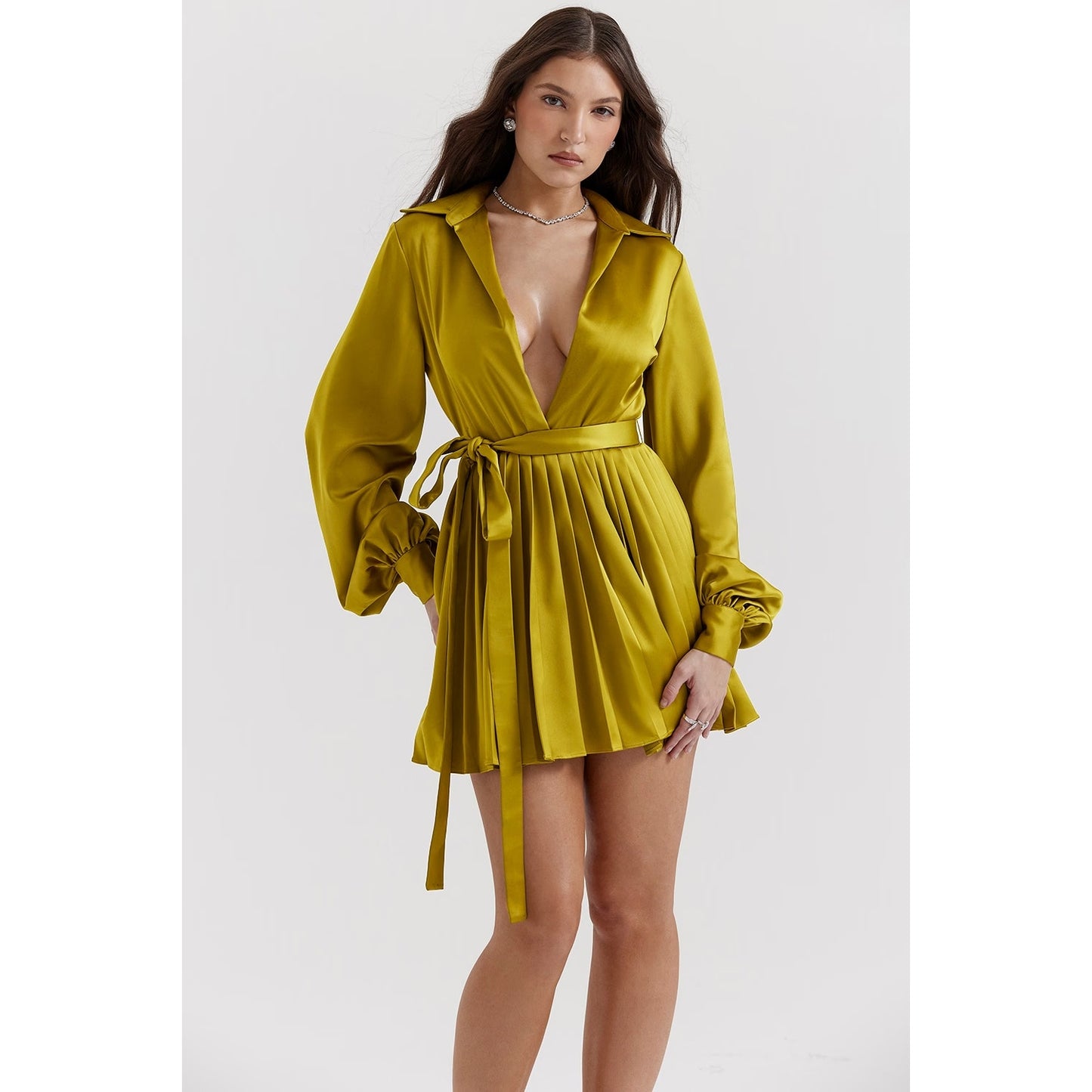 House of CB Allegra chartreuse pleated shirt dress NWOT Authentic