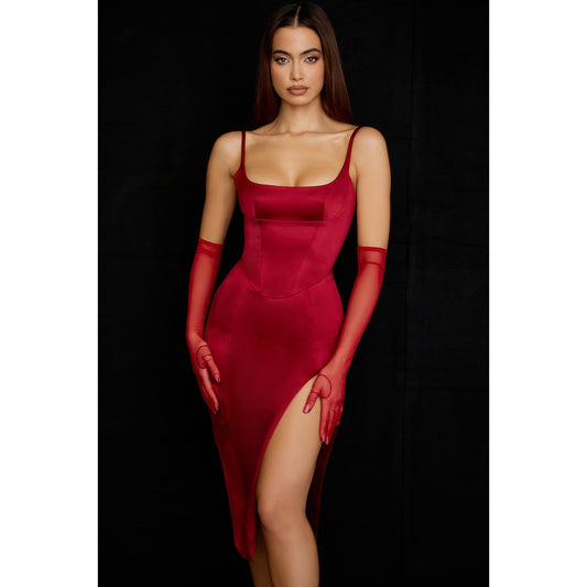 House of CB Casimira Wine Satin Corset Midi Dress