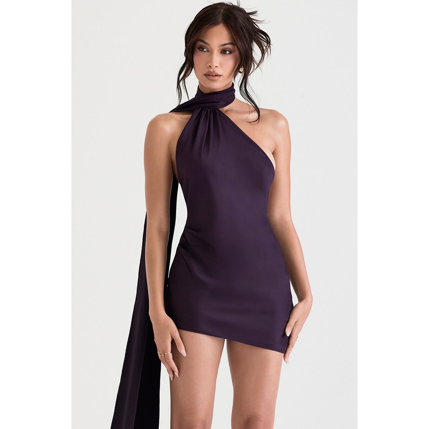 House of CB Aida night shade asymmetric wrap neck dress