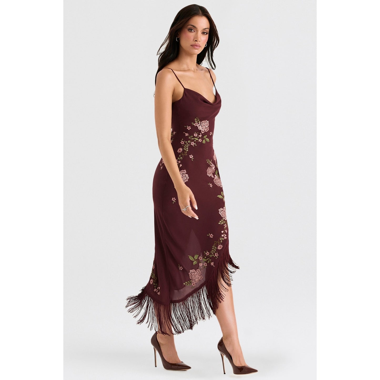House of CB Eloisa wine embroidered midi dress