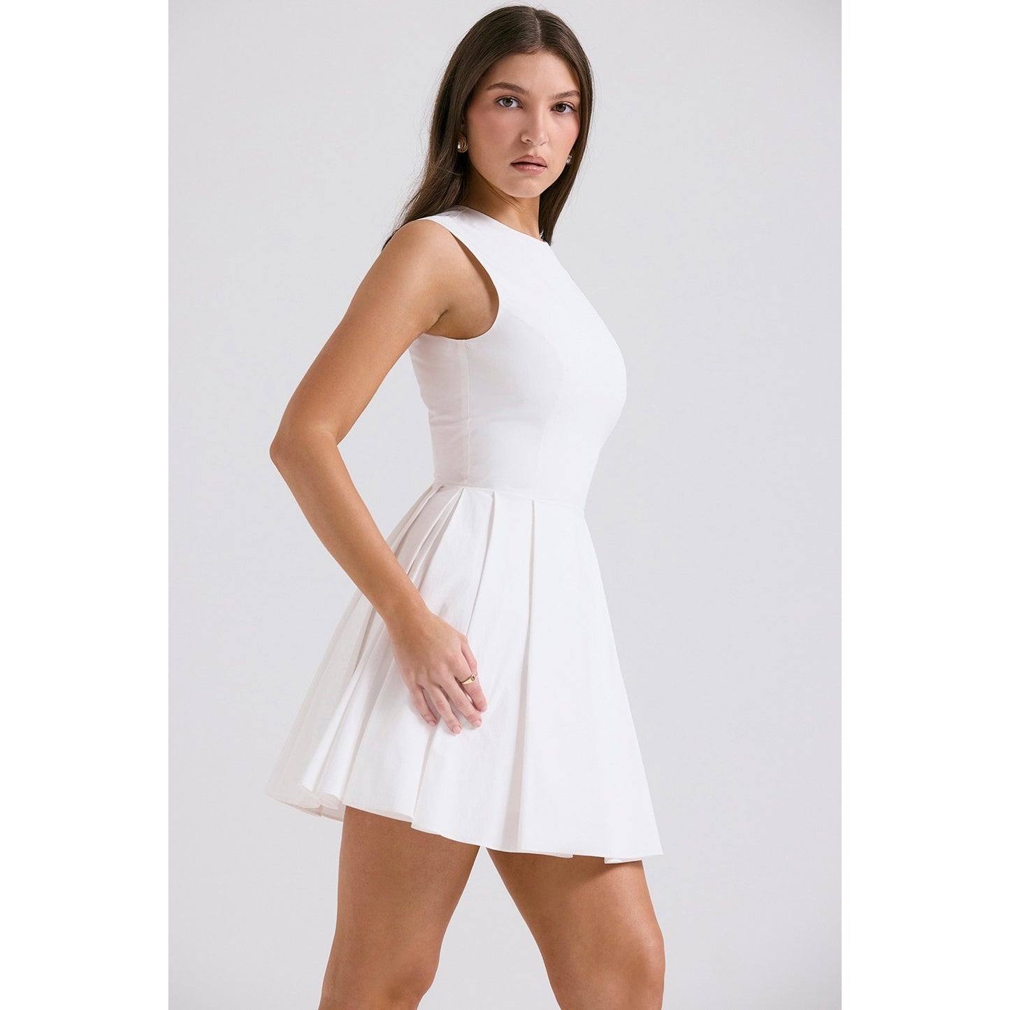 House of CB Claretta White Pleated Cotton Mini Dress