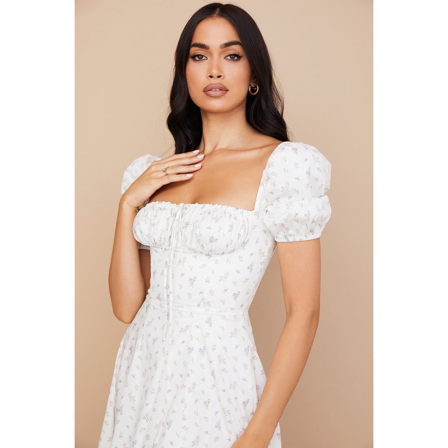 House of CB Tallulah white floral puff sleeve midi dress