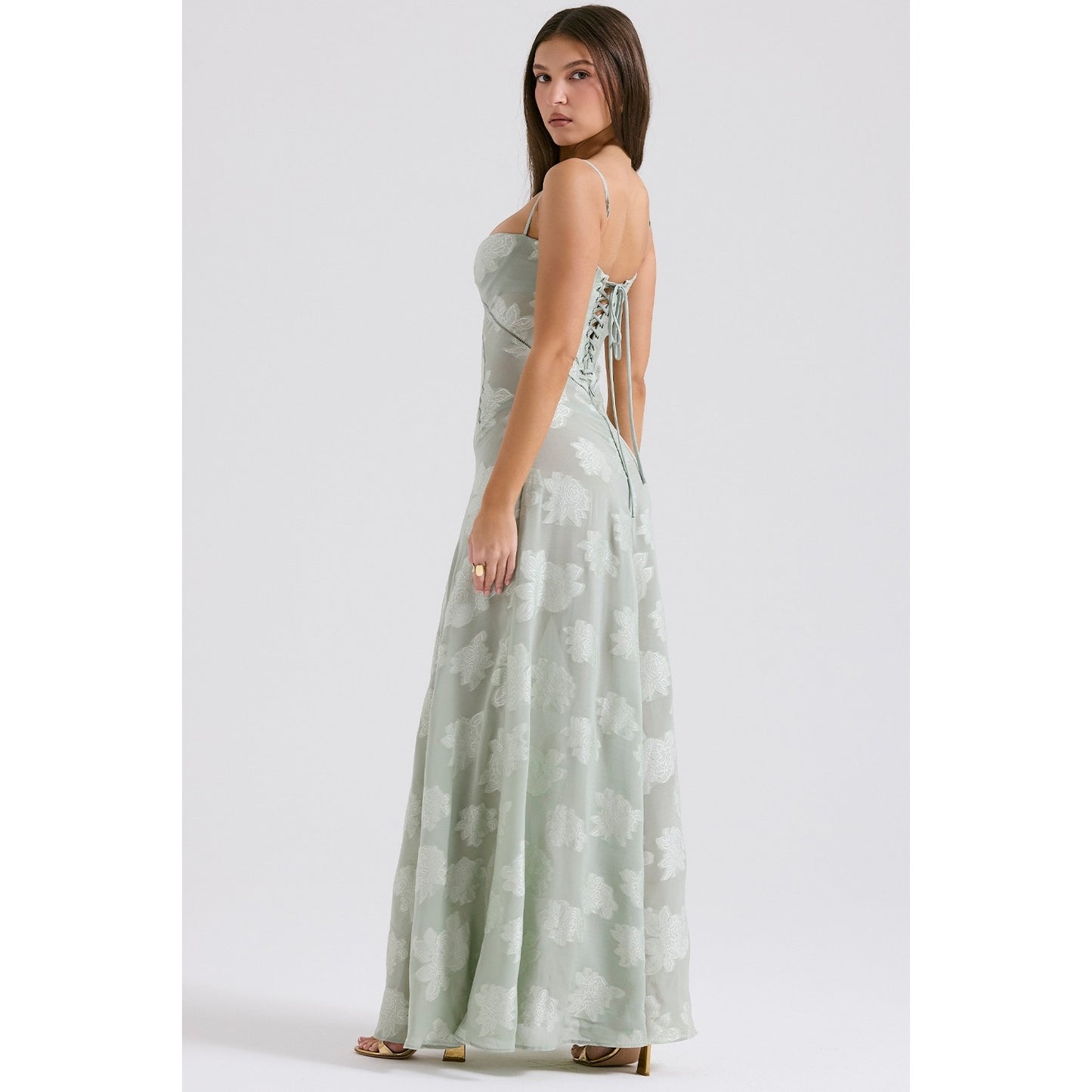 House of CB Seren Pistachio Floral Lace Back Maxi Dress
