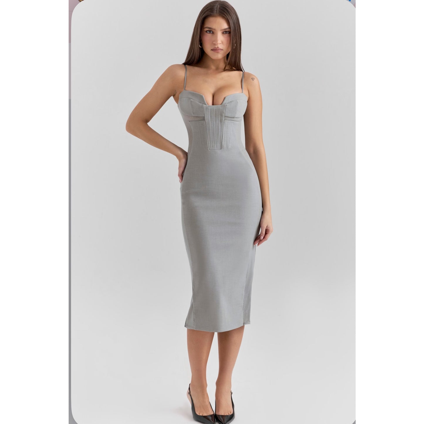 House of CB Kiki Light Grey Mesh Bodycon Midi Dress