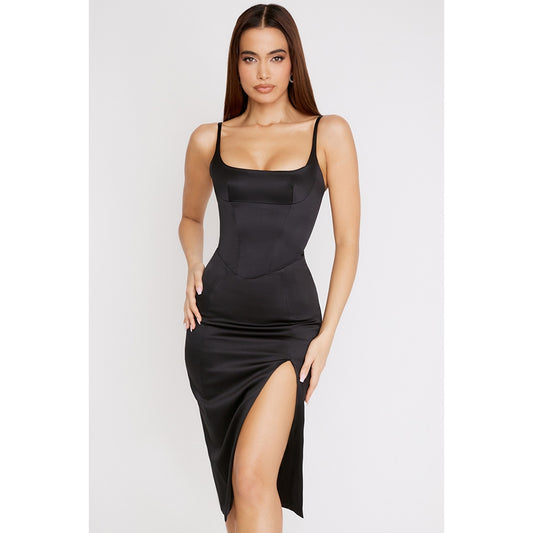 House of CB Casimira Black Satin Corset Midi Dress