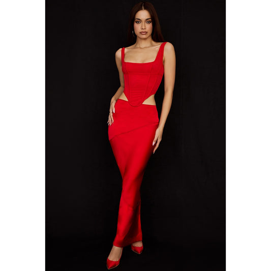House of CB Colette Scarlet Satin Low Waist Midi Skirt