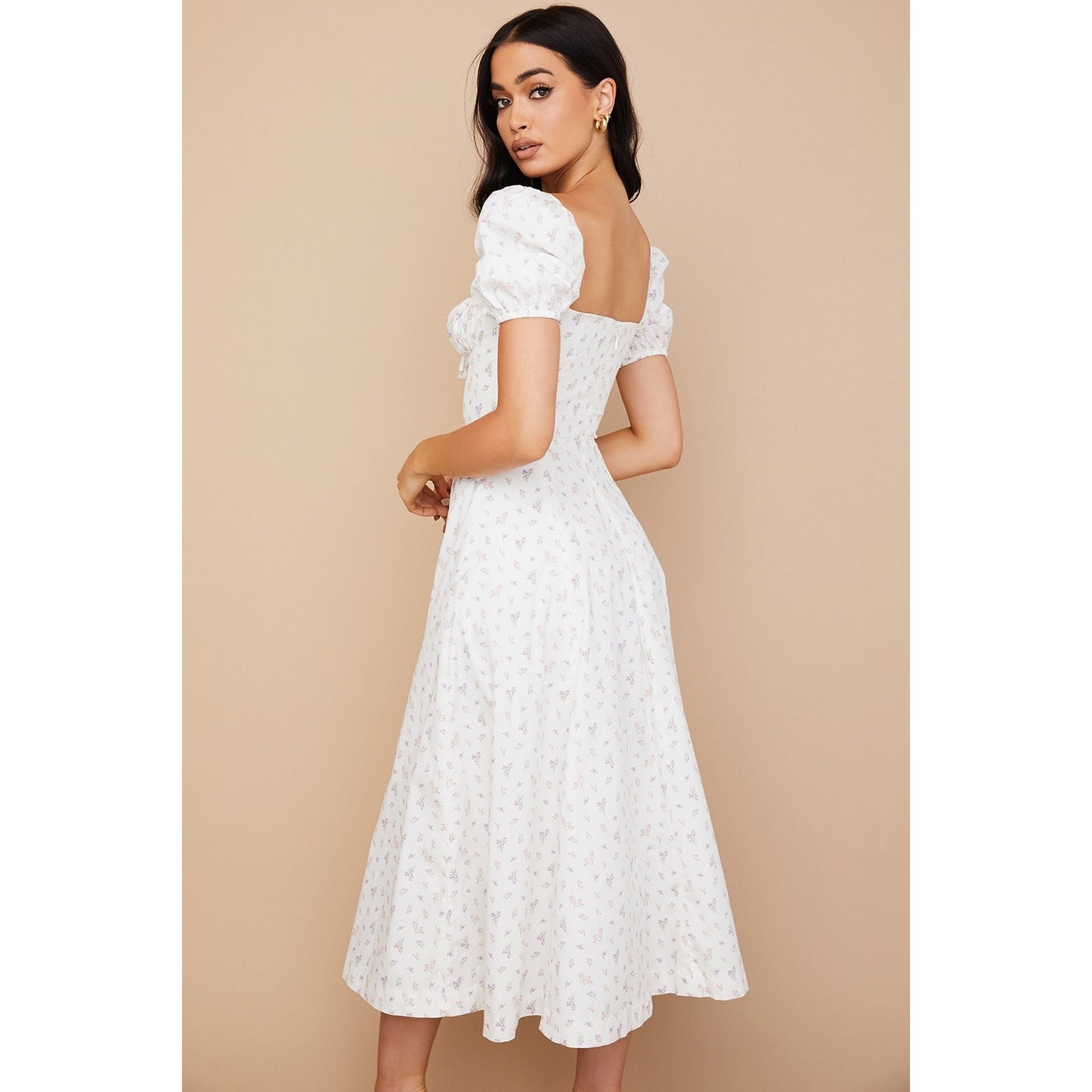 House of CB Tallulah white floral puff sleeve midi dress