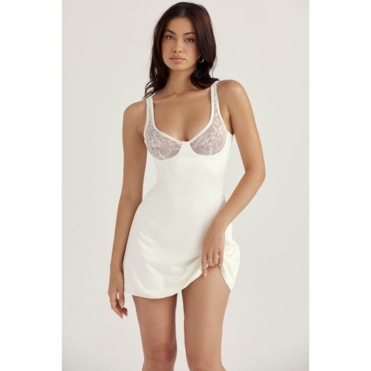 House of CB Cassandra ivory satin and lace mini dress