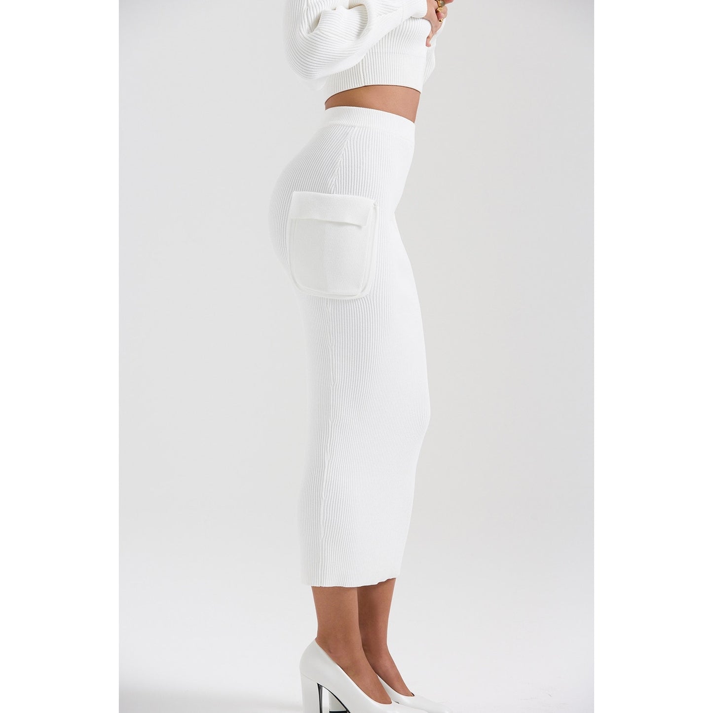 House of CB Maeve White Ribbed Knit Cargo Skirt