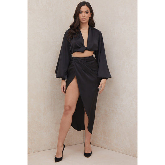 House of CB Constance Black Silky Satin Draped Skirt