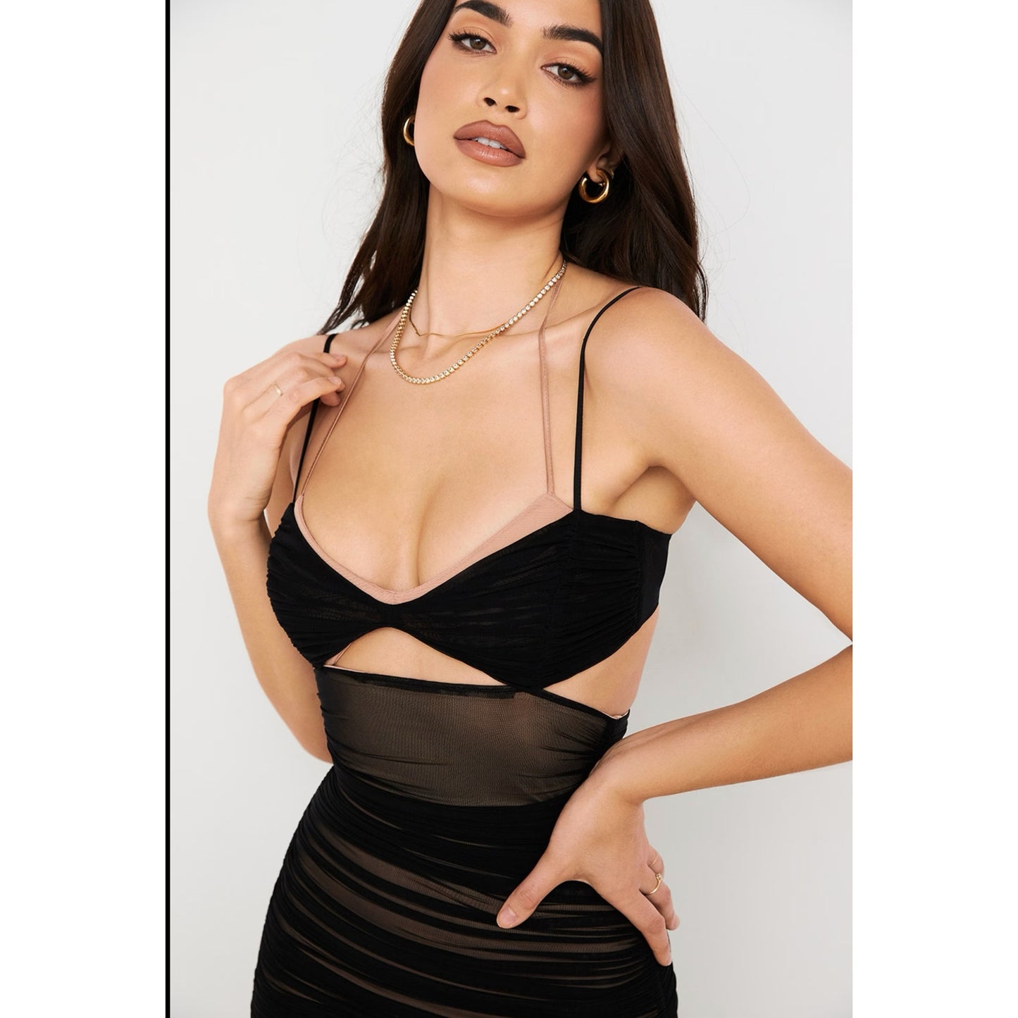 House of CB Tibi Black Cutout Ruched Midi Dress
