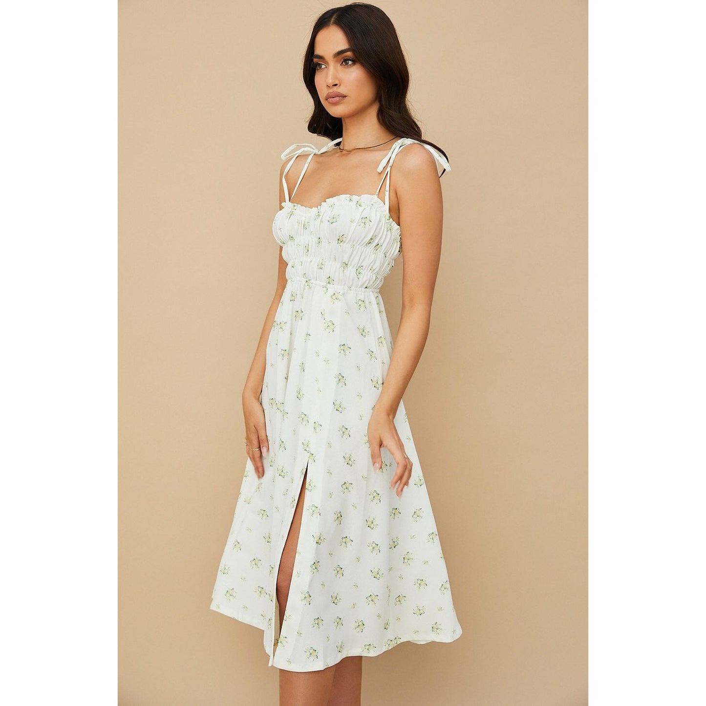 House of CB CHRISTABEL Ivory Floral Shirred Midi Dress