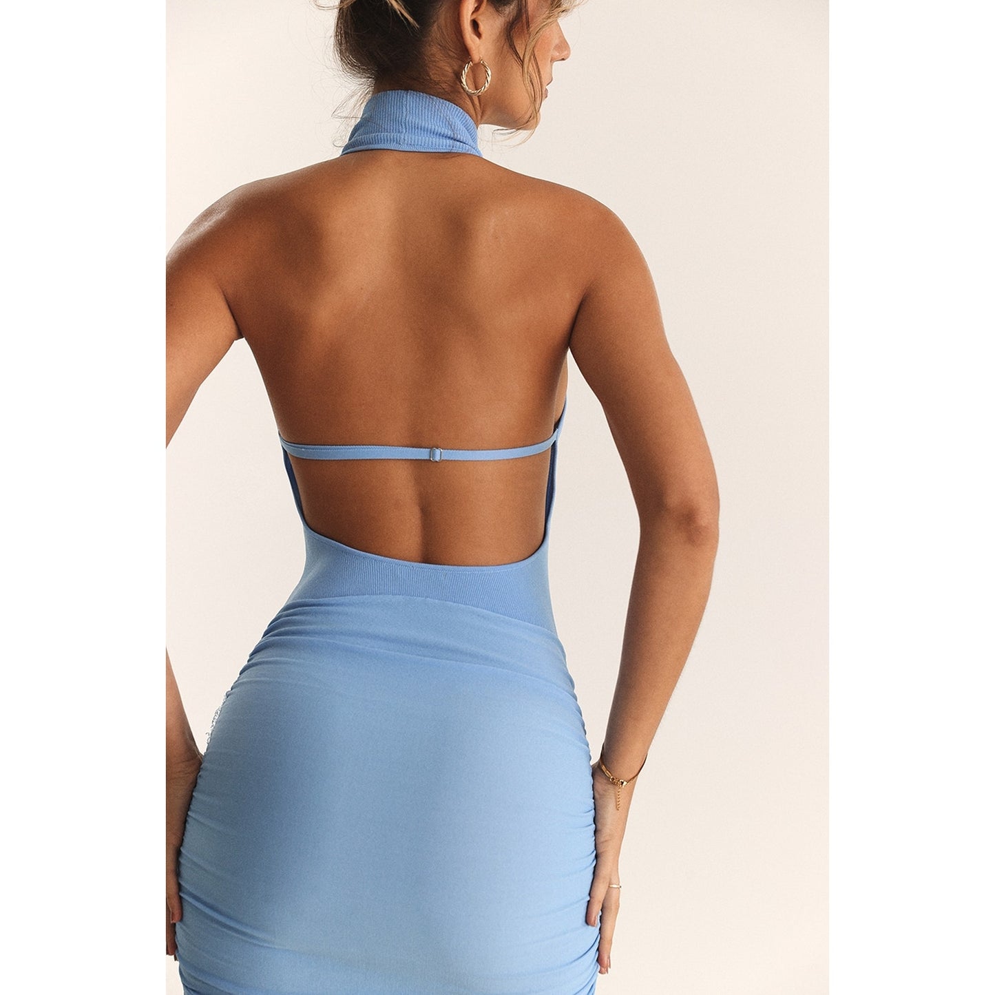 House of CB Anura soft blue knit halter dress