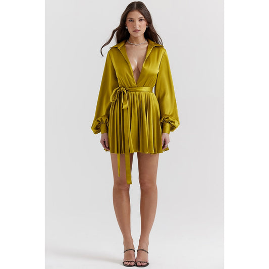 House of CB Allegra chartreuse pleated shirt dress NWOT Authentic