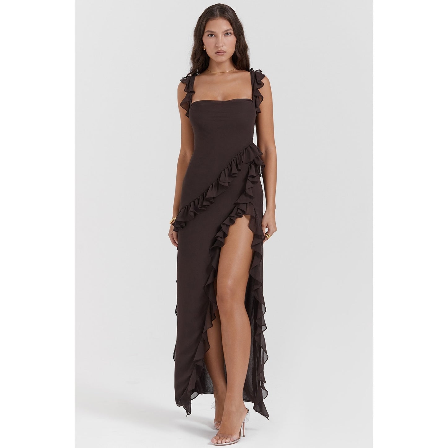House of CB Ariela espresso ruffle maxi dress