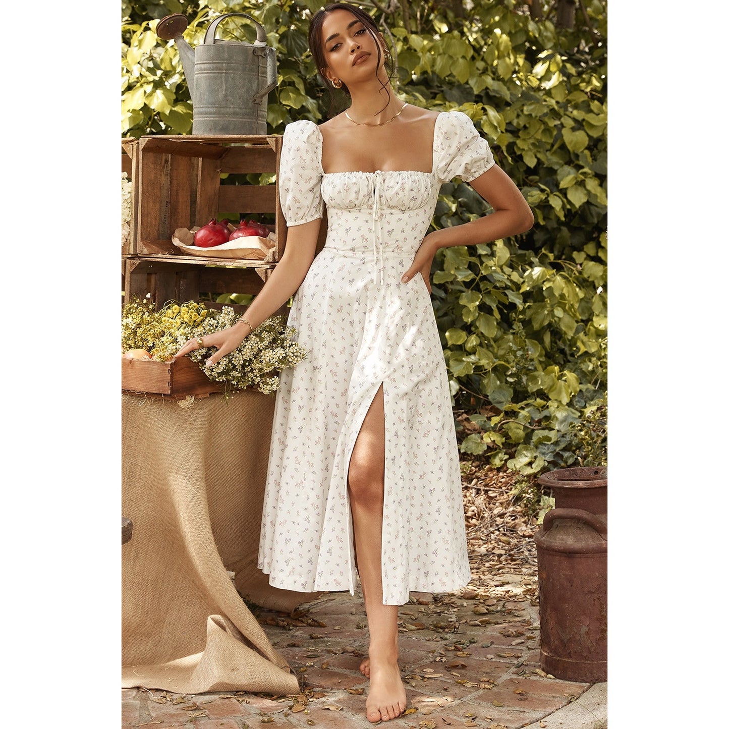 House of CB Tallulah white floral puff sleeve midi dress
