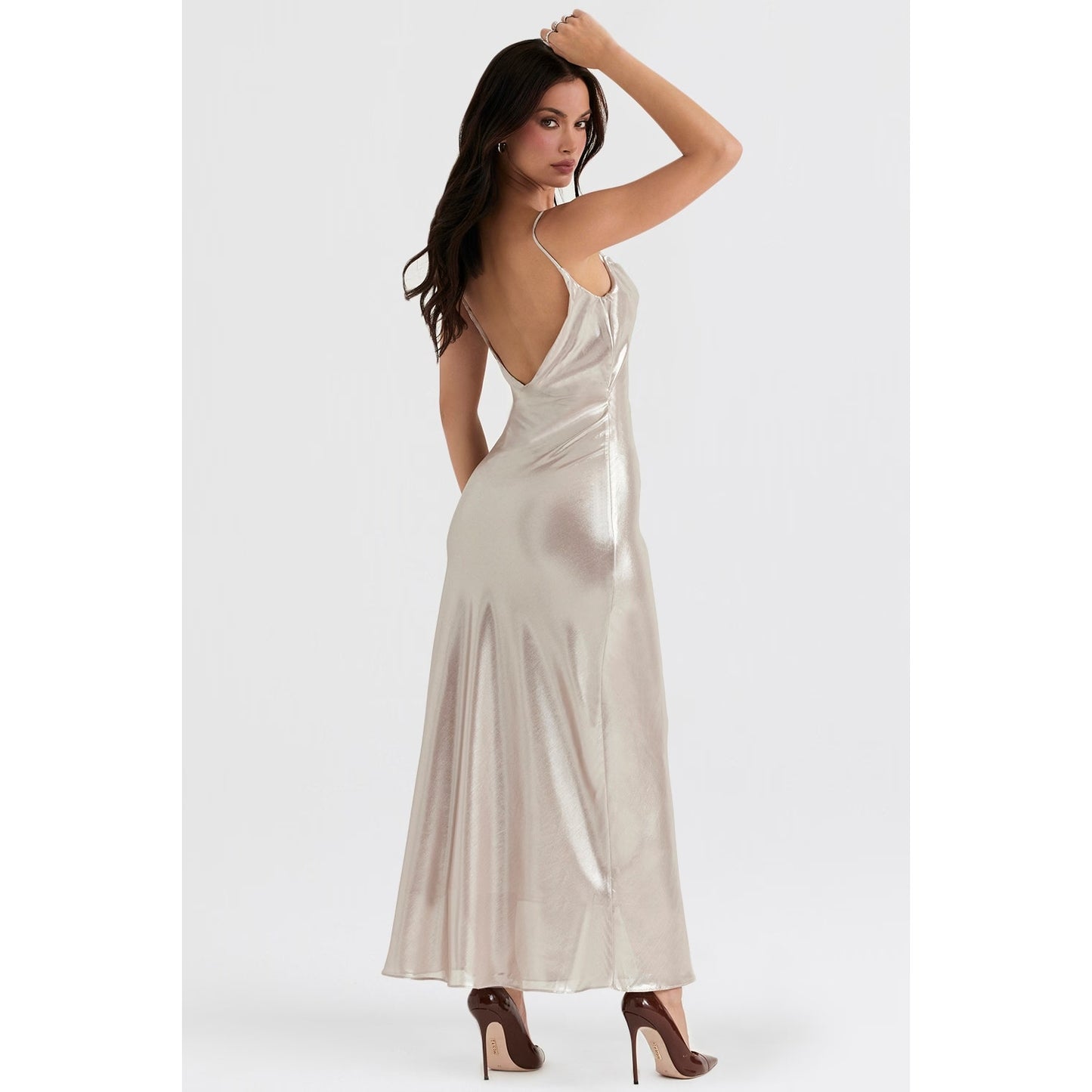 Leia champagne shimmer low back maxi dress Authentic
