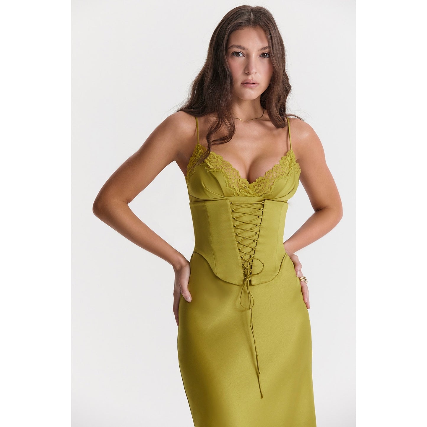 House of CB Salma Chartreuse Satin Slip Dress