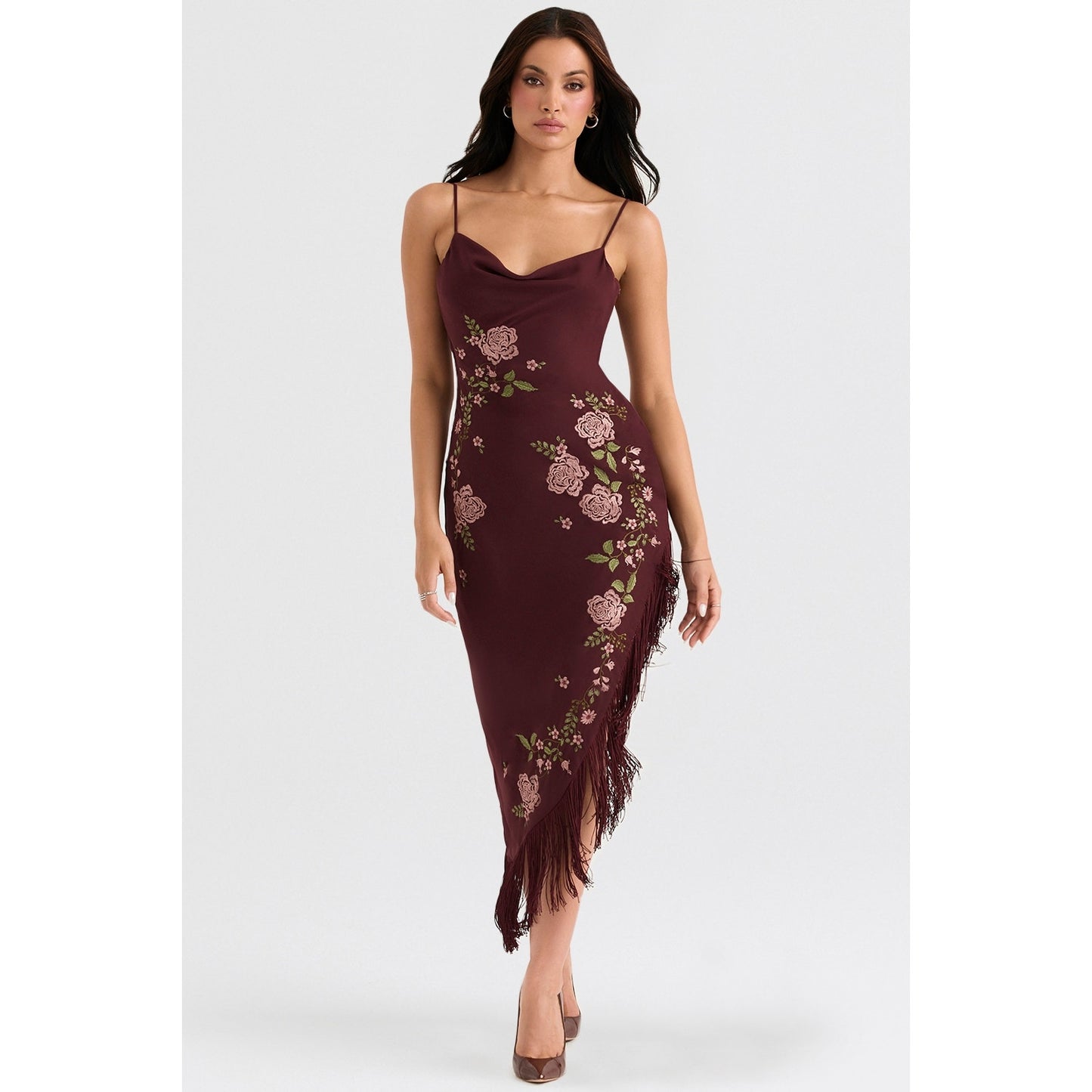 House of CB Eloisa wine embroidered midi dress