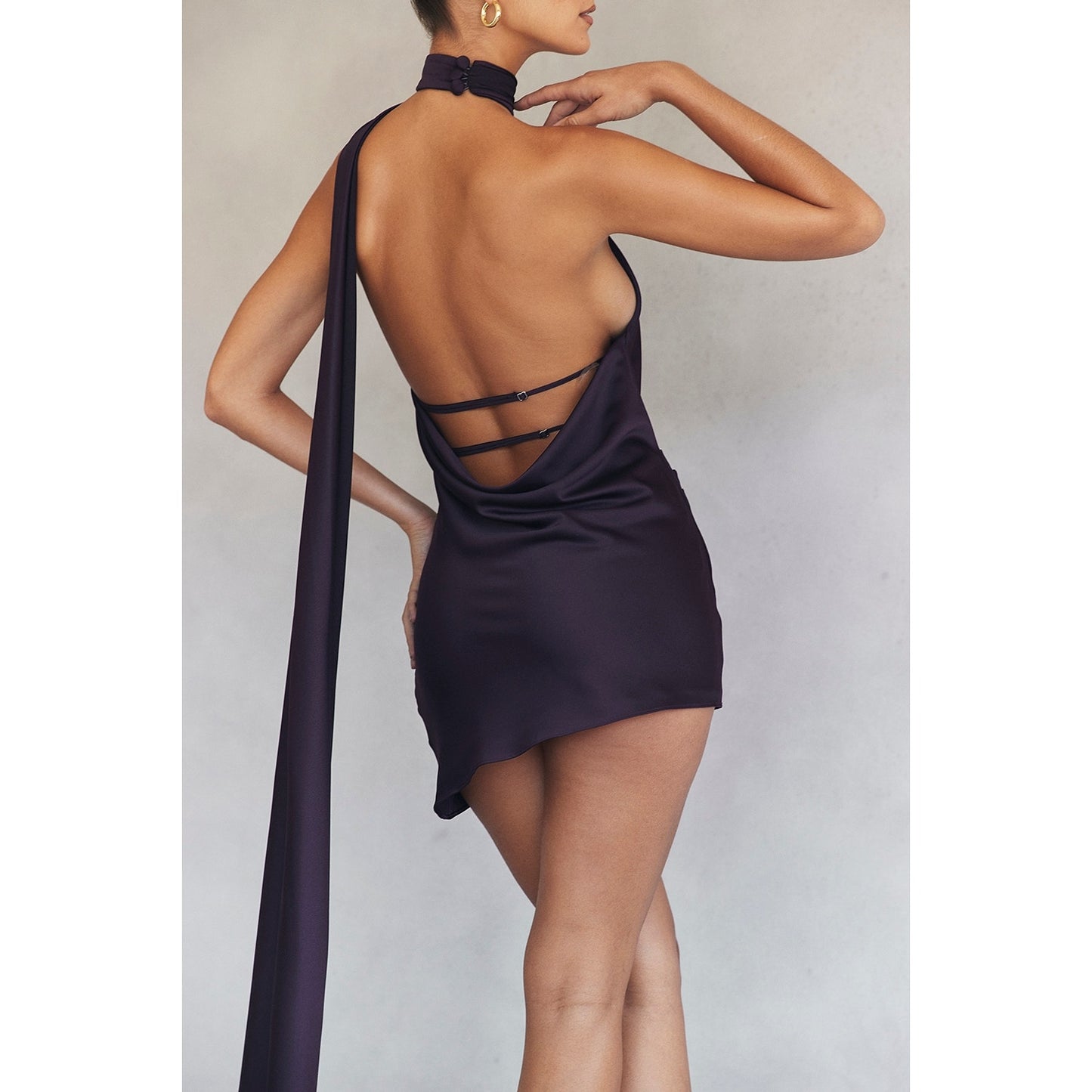 House of CB Aida night shade asymmetric wrap neck dress