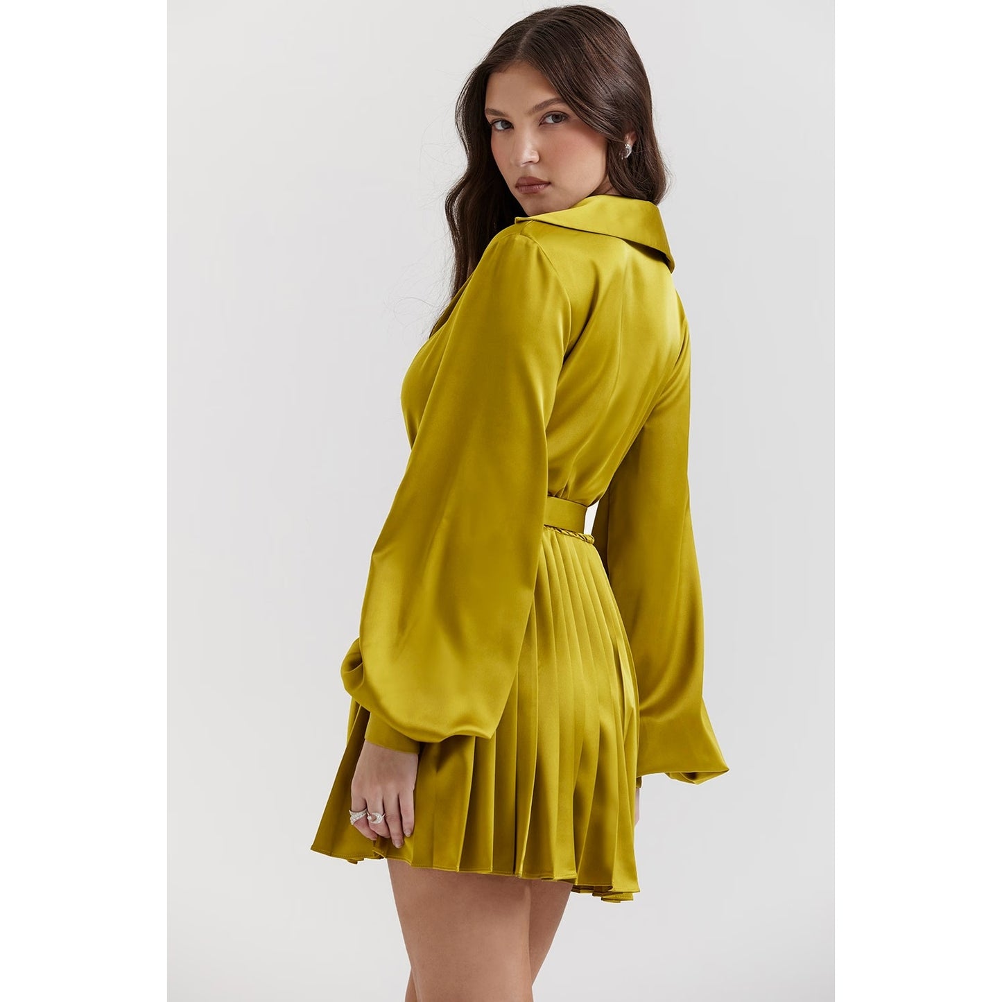 House of CB Allegra chartreuse pleated shirt dress NWOT Authentic